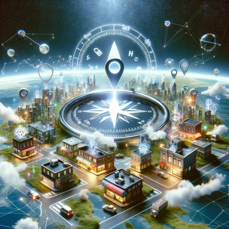 An imaginative representation of local SEO as a guiding compass in the vast expanse of the internet.