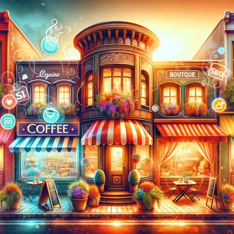 A vibrant and cozy scene depicting the intersection of local businesses and SEO.