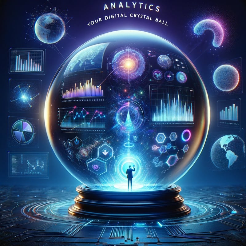 A captivating digital artwork that visualizes 'Analytics_ Your Digital Crystal Ball'. Center stage is a large, luminous crystal ball