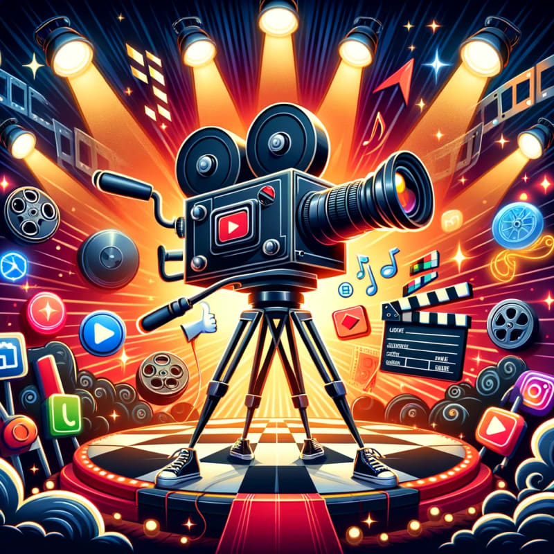 A vivid and dynamic illustration that brings to life the concept 'Video Content_ Lights, Camera, Action!'