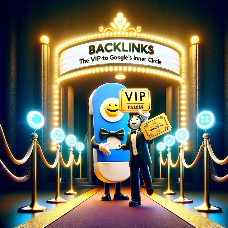 An imaginative digital illustration showcasing the concept 'Backlinks_ The VIP Pass to Google's Inner Circle'.