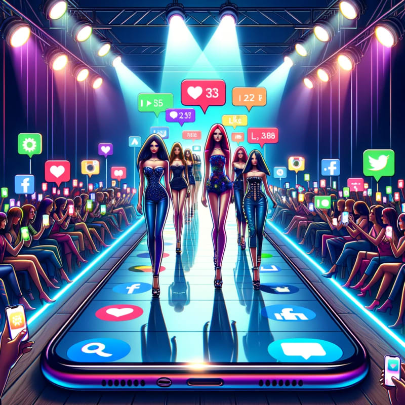A creative, digital illustration that embodies the concept of 'Social Media_ Your Digital Catwalk'.