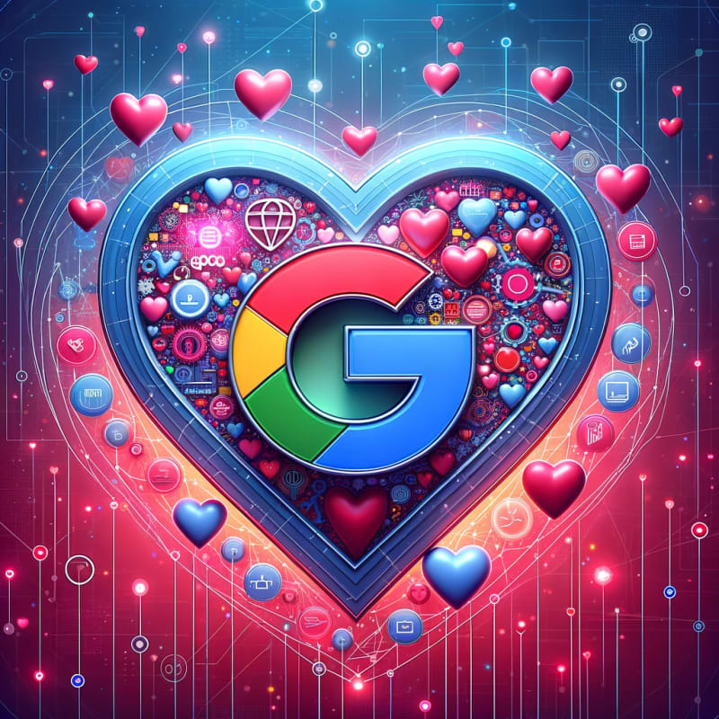 A whimsical, digital art concept portraying 'SEO_ The Love Language of Google'. The image features a heart-shaped icon composed of various SEO element