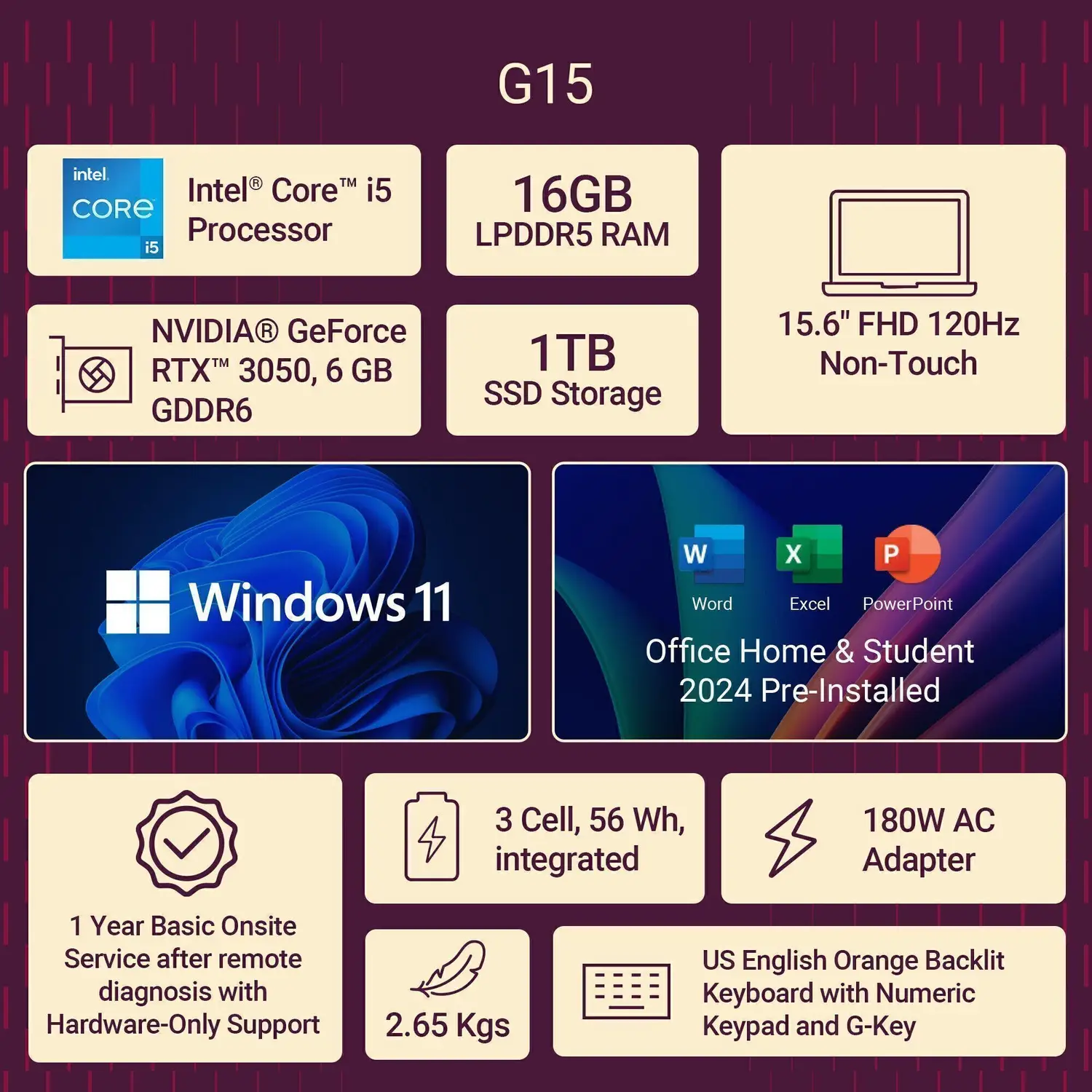 DELL G15 Microsoft Office Home 2024 Intel Core i5 13th Gen 13450HX - (16 GB/1 TB SSD/Windows 11 Home/6 GB Graphics/NVIDIA GeForce RTX 3050/120 Hz) G15 5530 Gaming Laptop 2