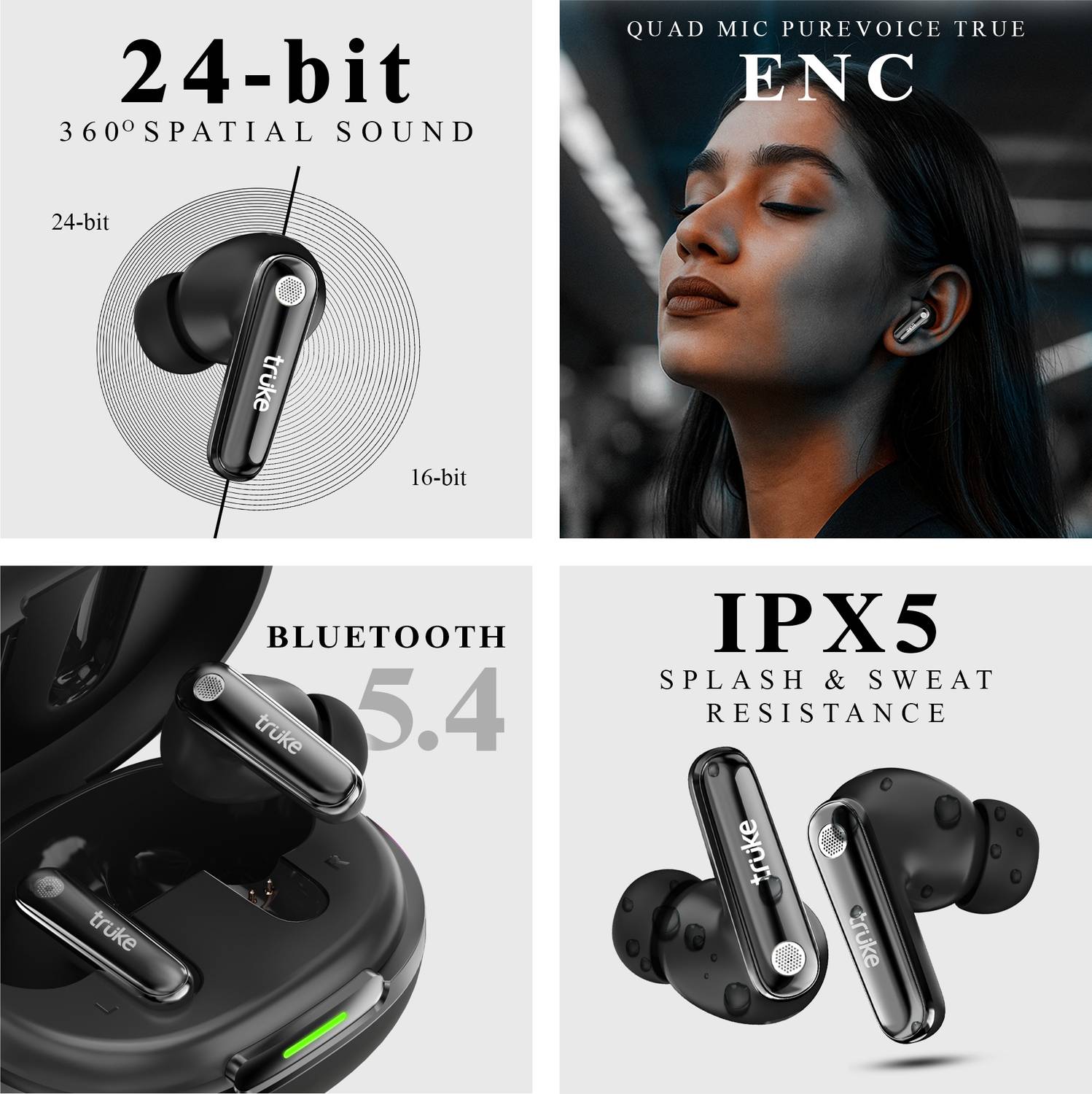 truke Mega 10 Earbuds, 24-bit Spatial Sound, 70H Playback TWS, Dual Pairing, Quad Mic Bluetooth 2