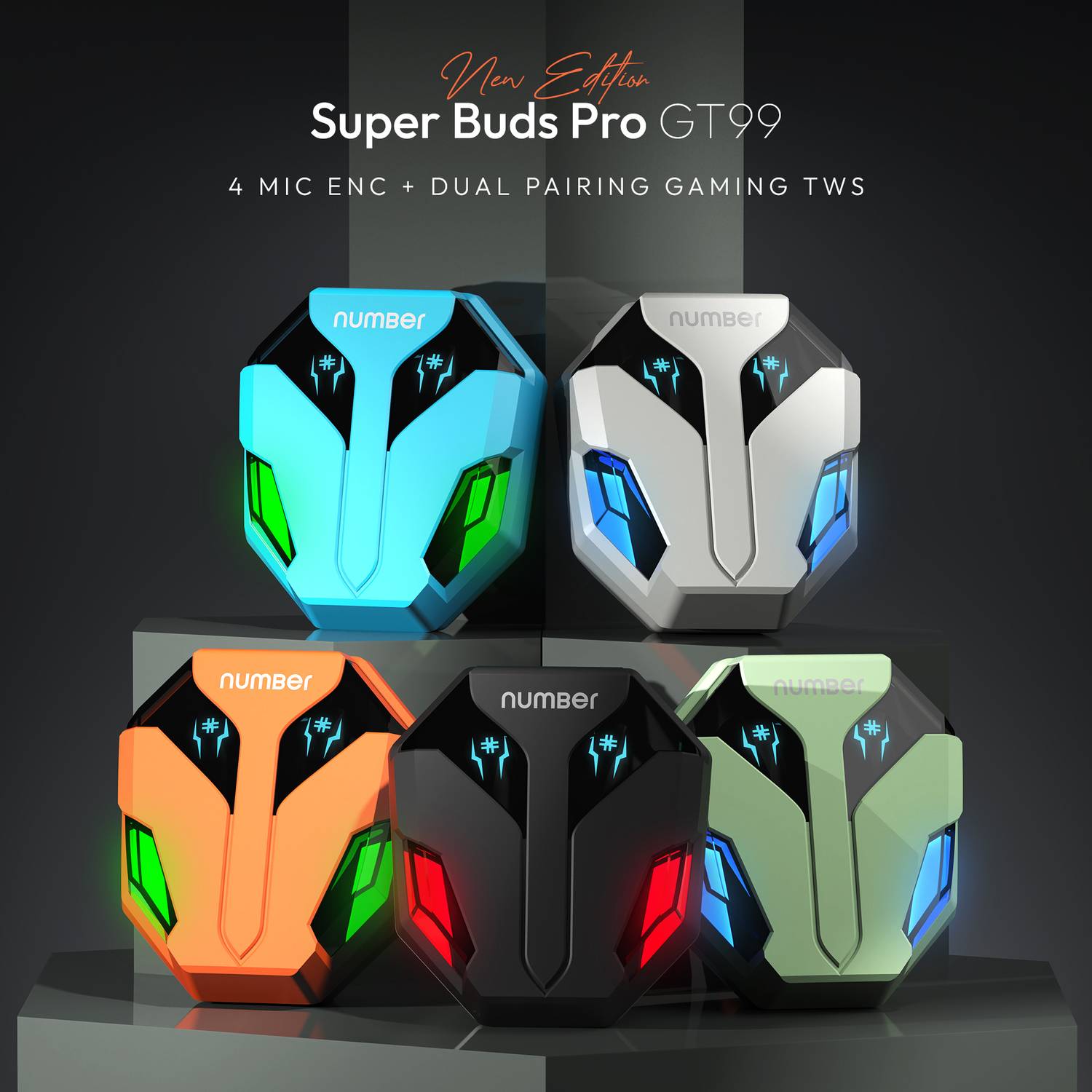 Number Super Buds Pro GT99 Dual Pair, 4 Mic ENC Gaming RGB TWS,35ms Latency,50H Battery Bluetooth 2