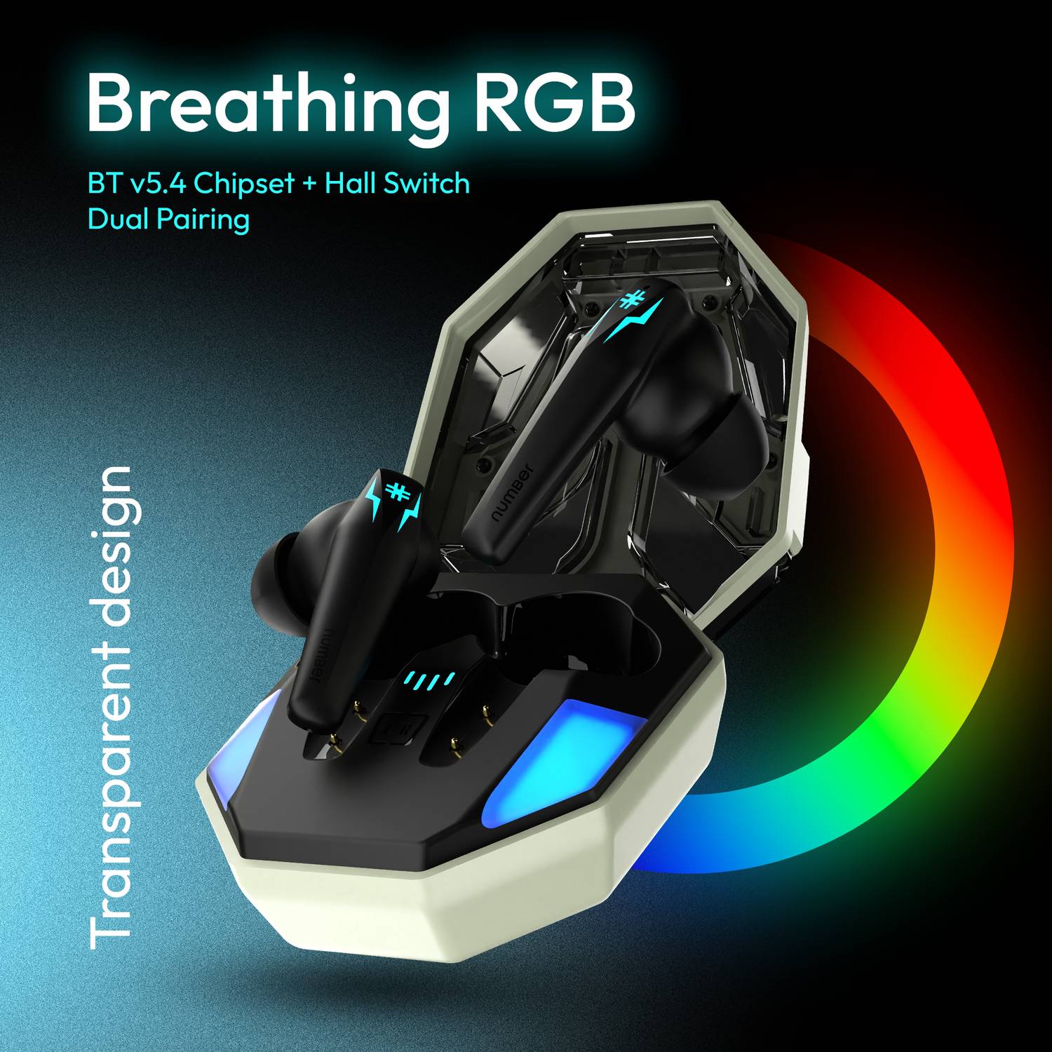 Number Super Buds Pro GT99 Dual Pair, 4 Mic ENC Gaming RGB TWS,35ms Latency,50H Battery Bluetooth Gaming 3