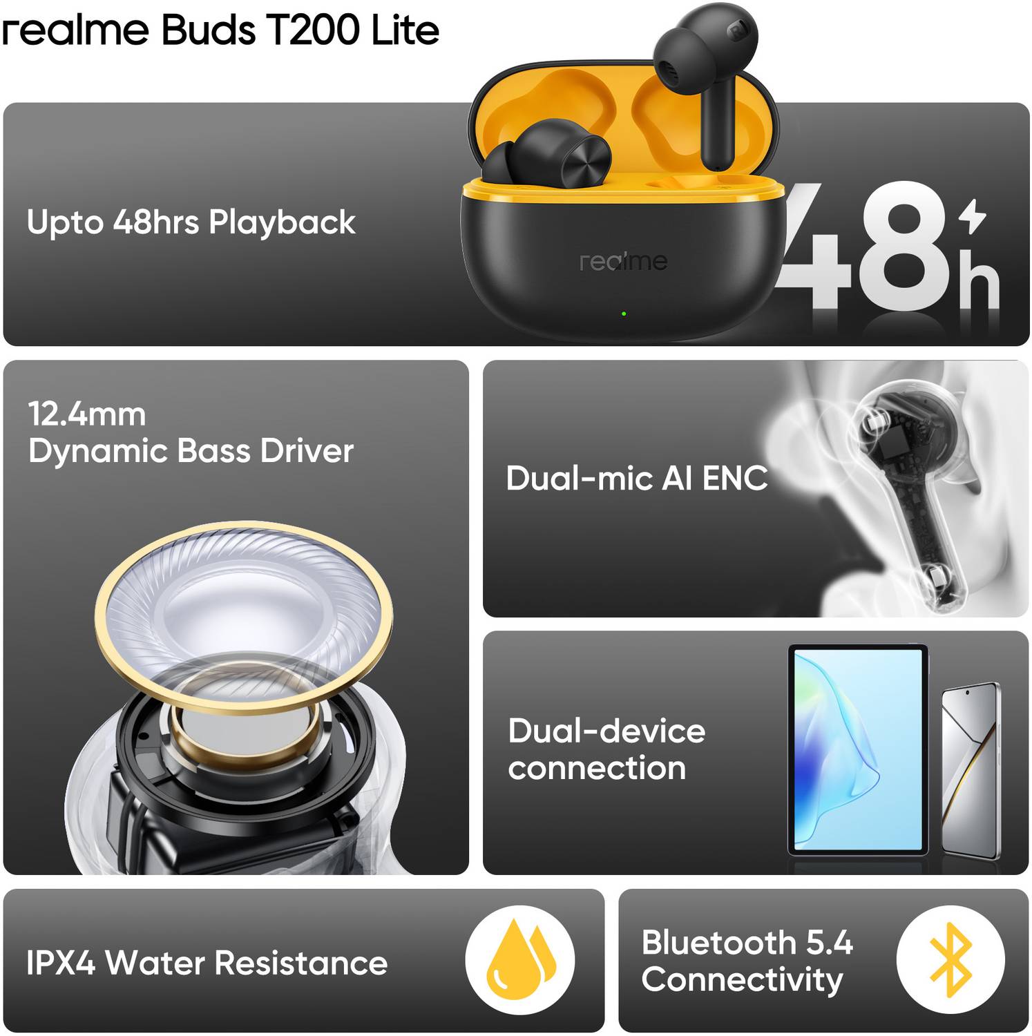 realme Buds T200 Lite with 12.4mm Driver, 48hrs Playback, AI ENC & Dual-Device Pairing Bluetooth 2