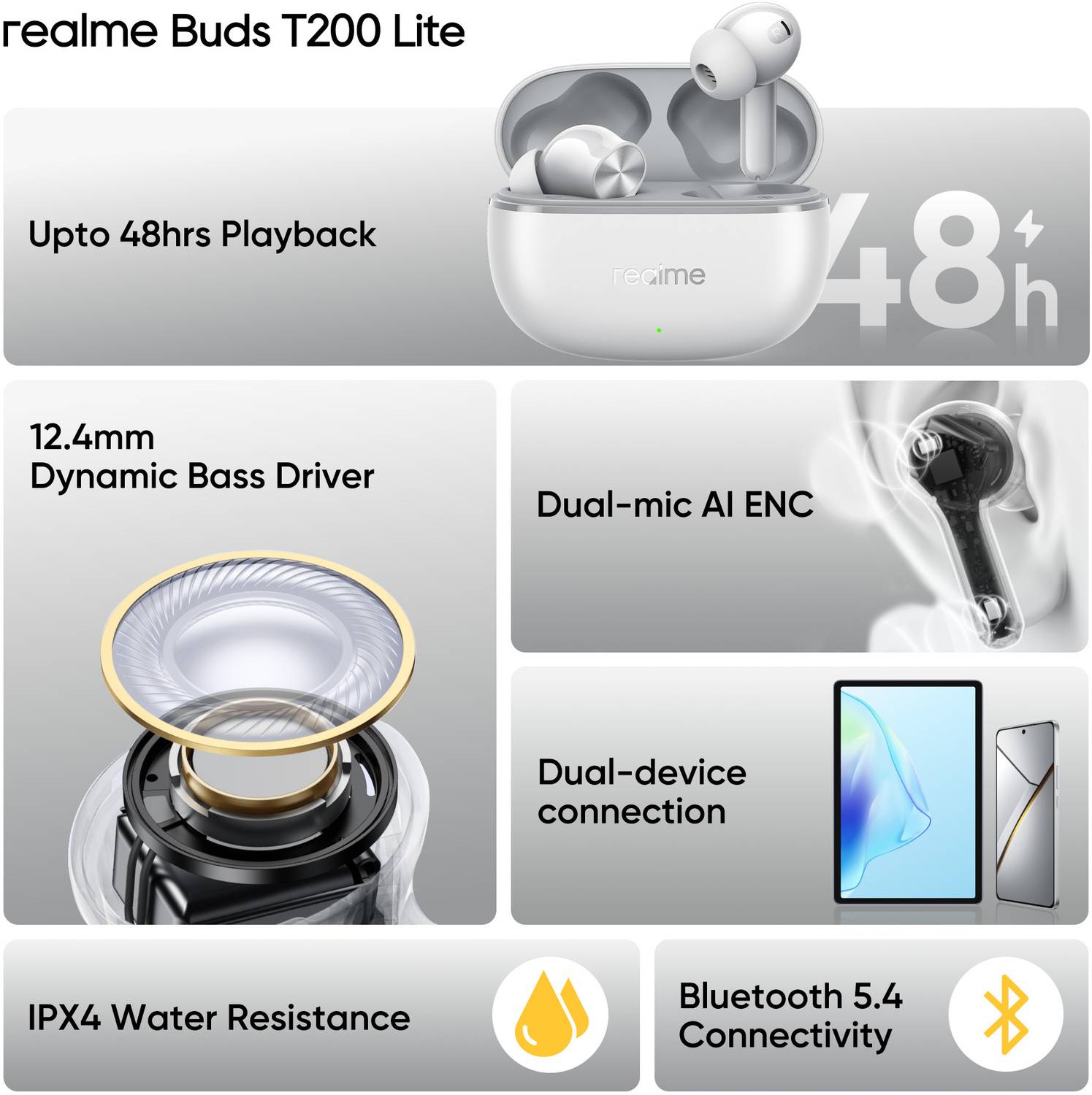 realme Buds T200 Lite with 12.4mm Driver, 48hrs Playback, AI ENC & Dual-Device Pairing Bluetooth 2