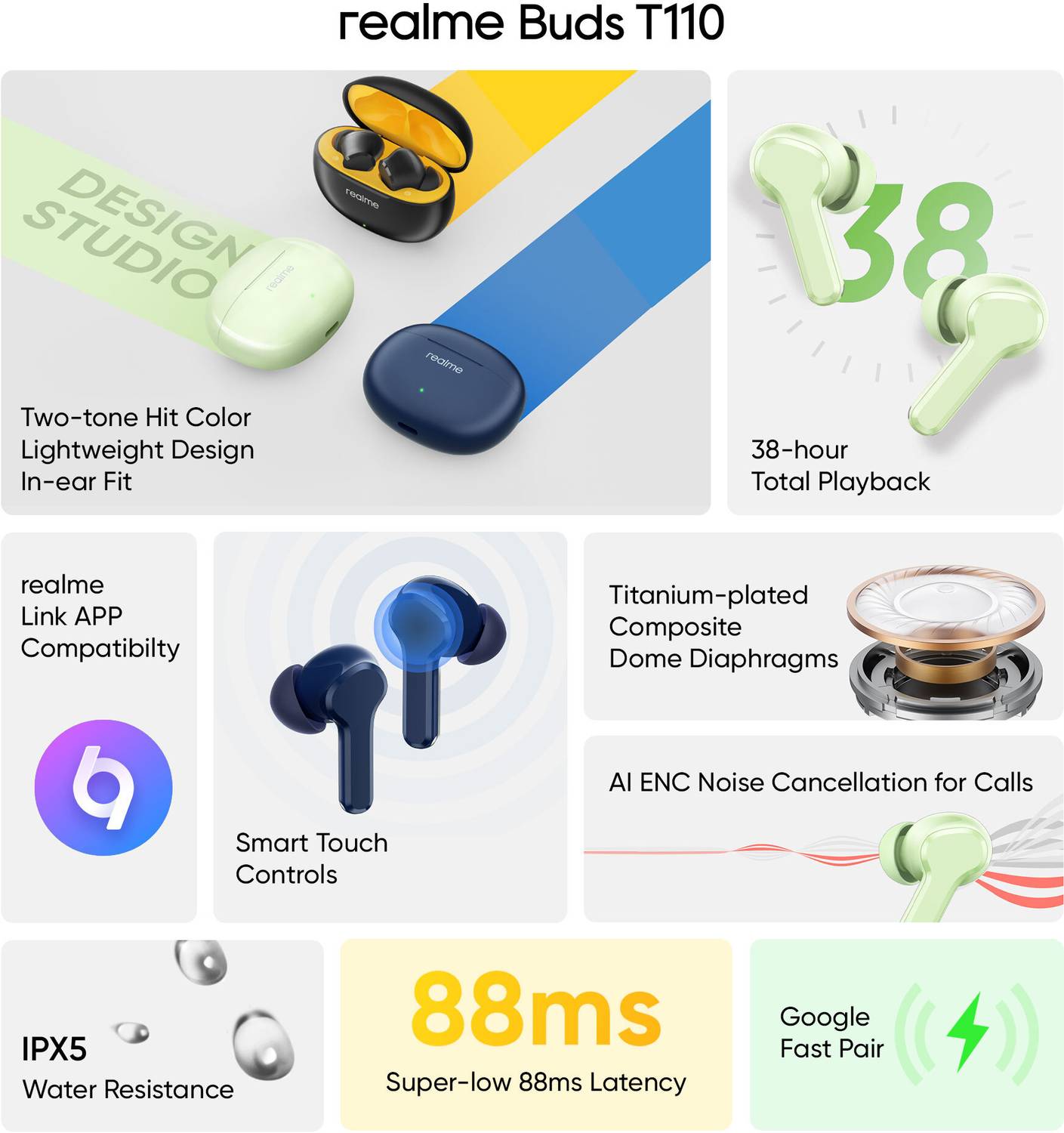 realme Buds T110 (RMA2306) with AI ENC for calls, 38 hours of Playback and Deep Bass Bluetooth 2