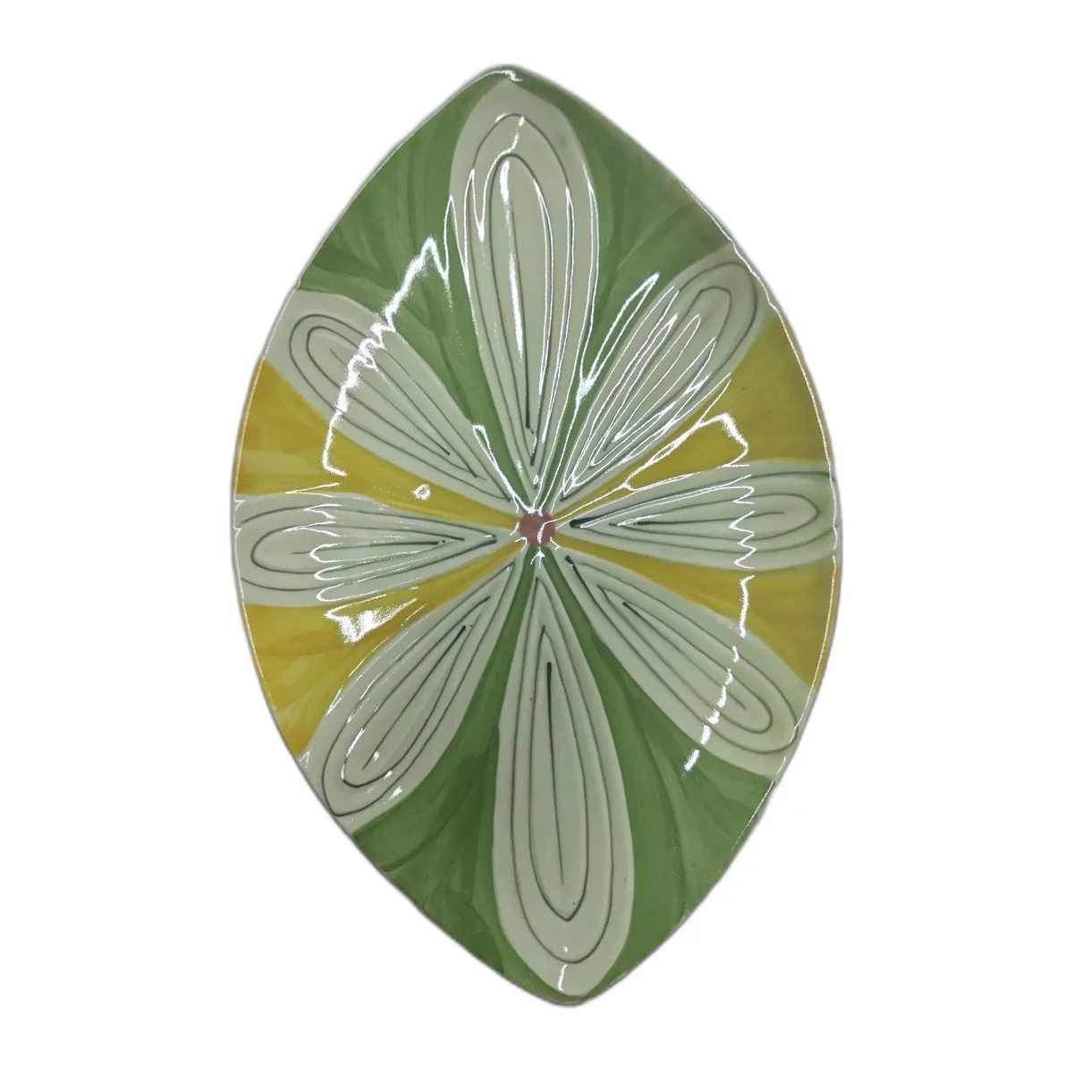 Assiette ovale feuille motif floral vert et jaune