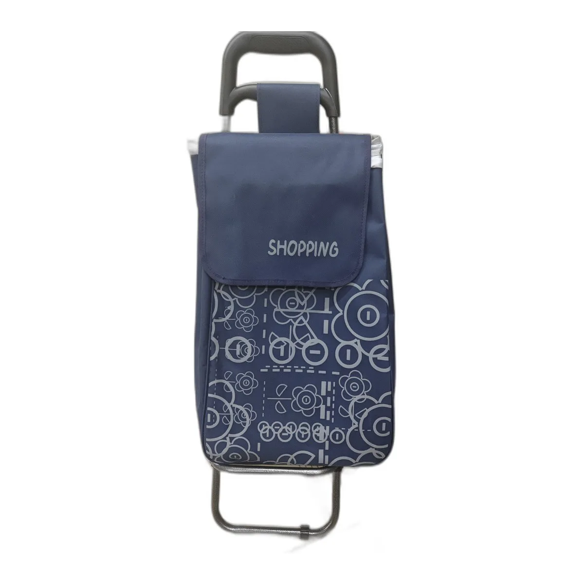 Chariot de courses pliable bleu marine avec motif fleurs et vélos