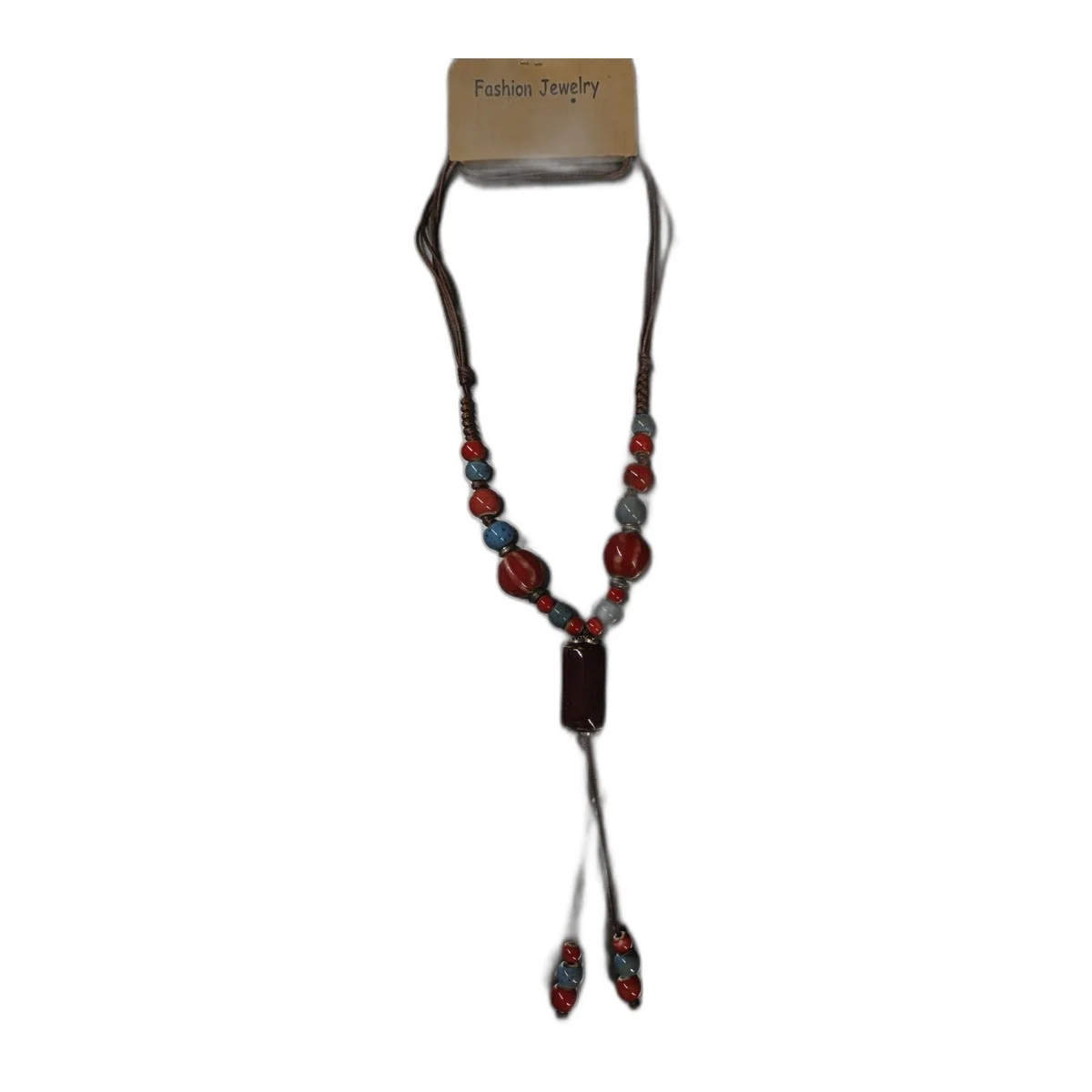Collier fantaisie pendentif cylindrique perles rouges et bleues