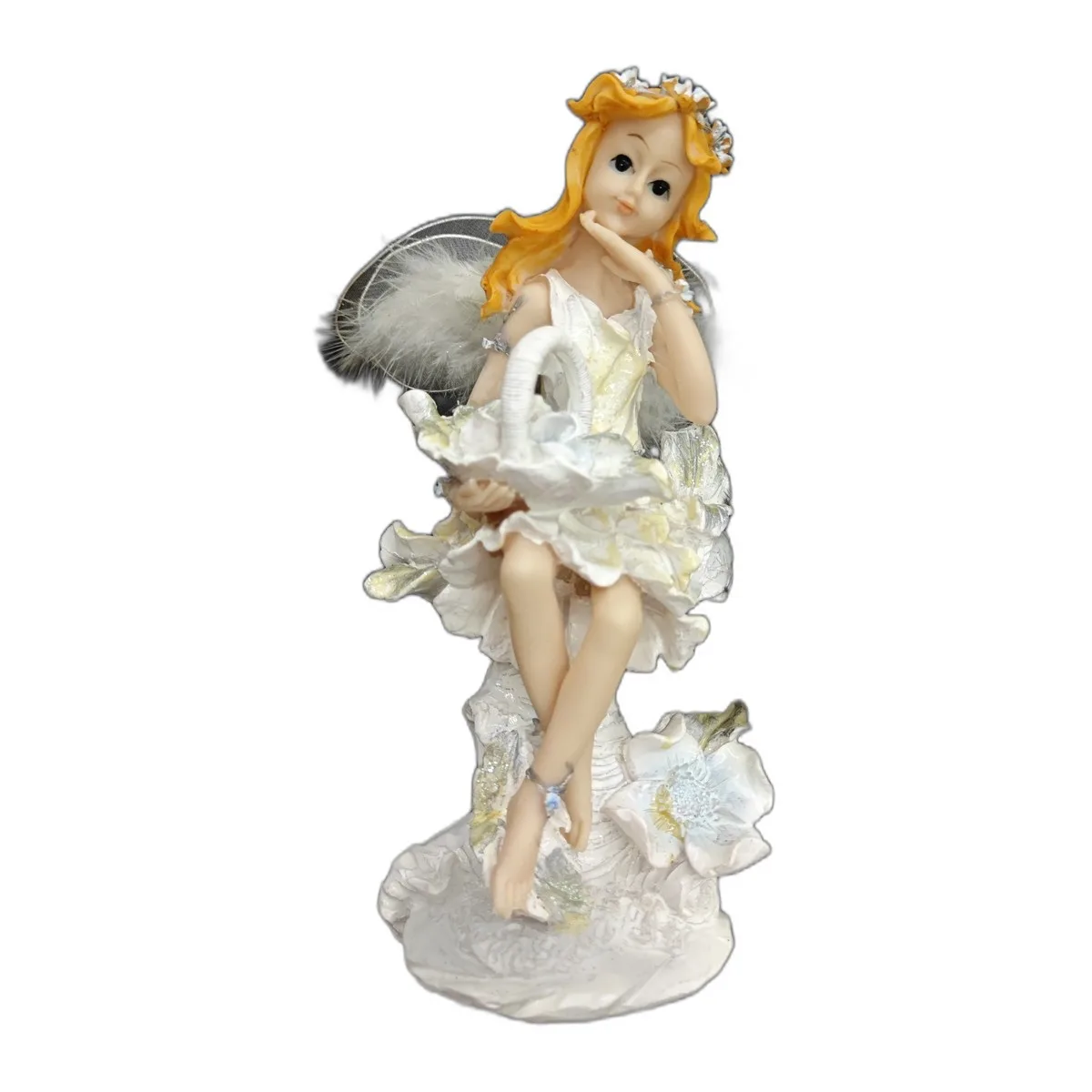 Figurine ange fée aux cheveux roux robe blanche et ailes en plumes