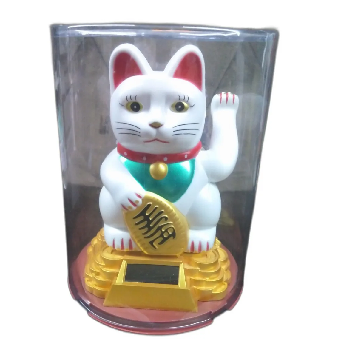 Maneki Neko chat porte-bonheur solaire blanc avec collier rouge et vert