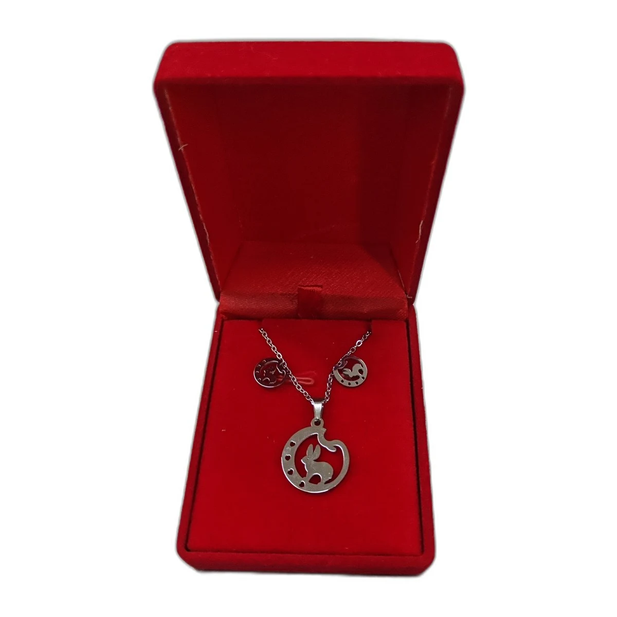 Parure collier et boucles d'oreilles lapin  en métal argenté
