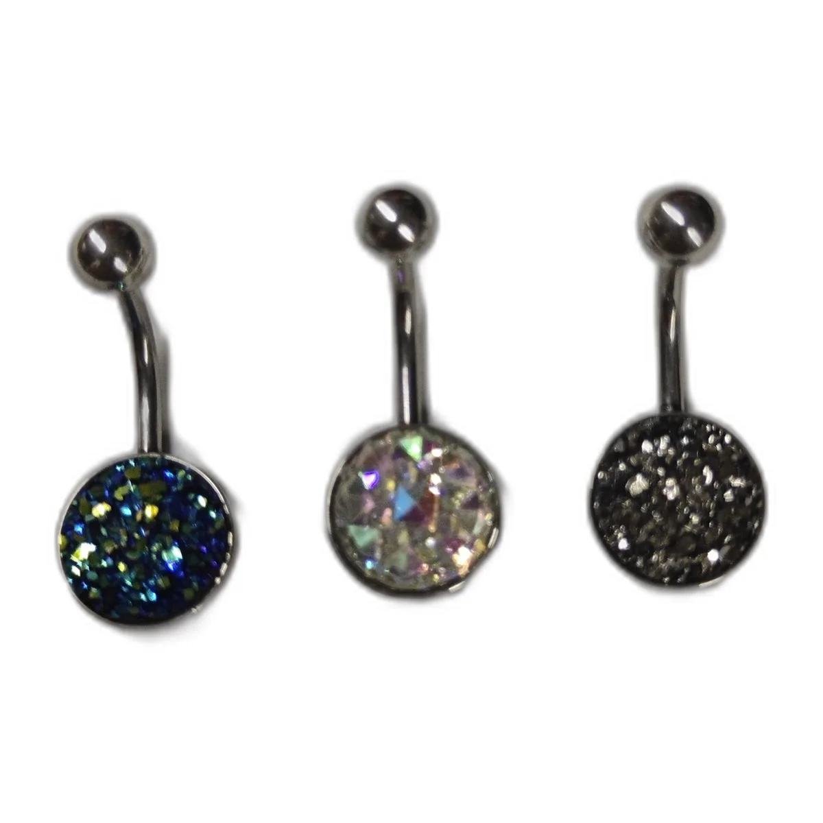Piercing de nombril barbell courbé avec disque druzy pailleté (lot de 3 couleurs assorties : bleu/vert, irisé, noir)