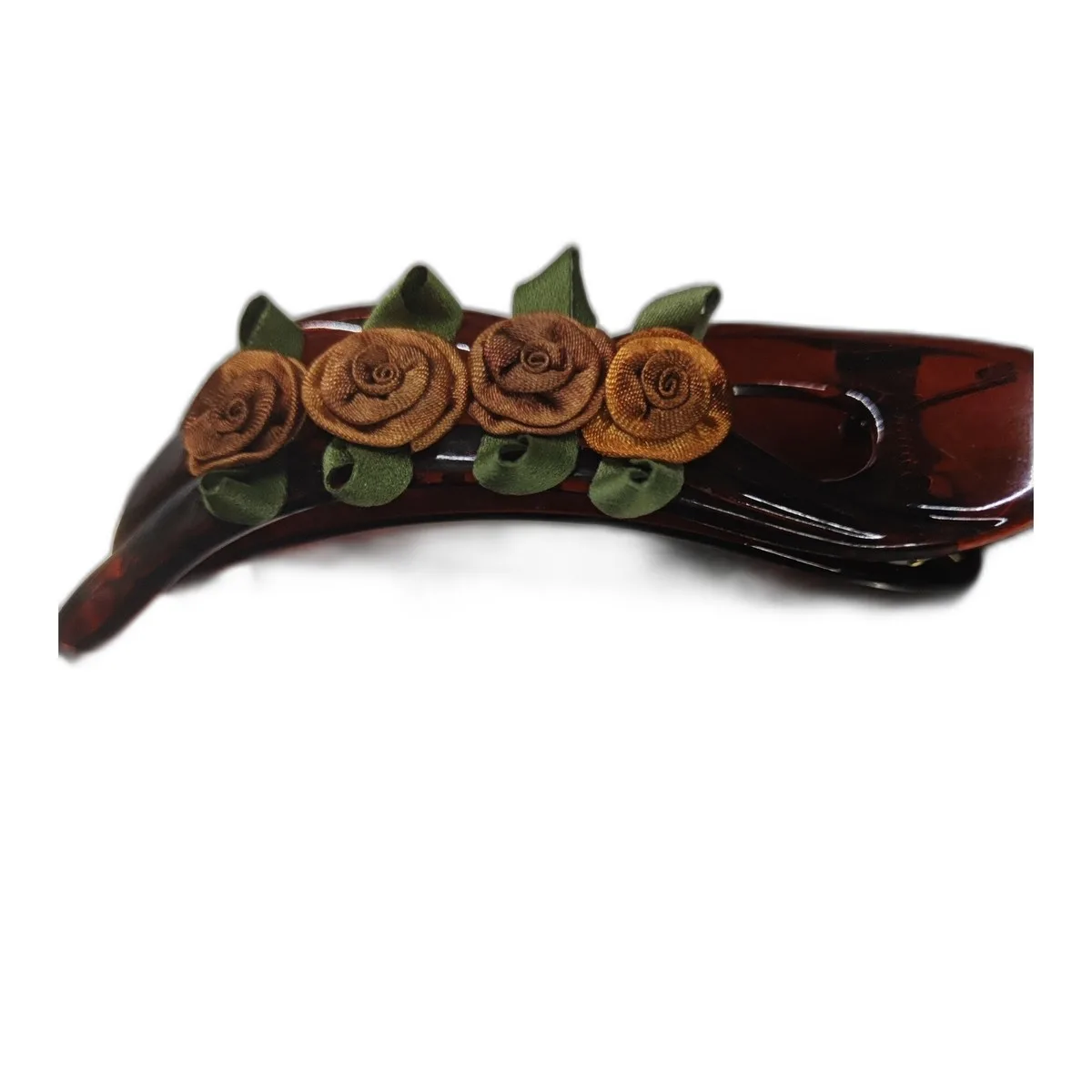 Pince à cheveux avec 4 roses en tissu terracotta et feuilles vertes