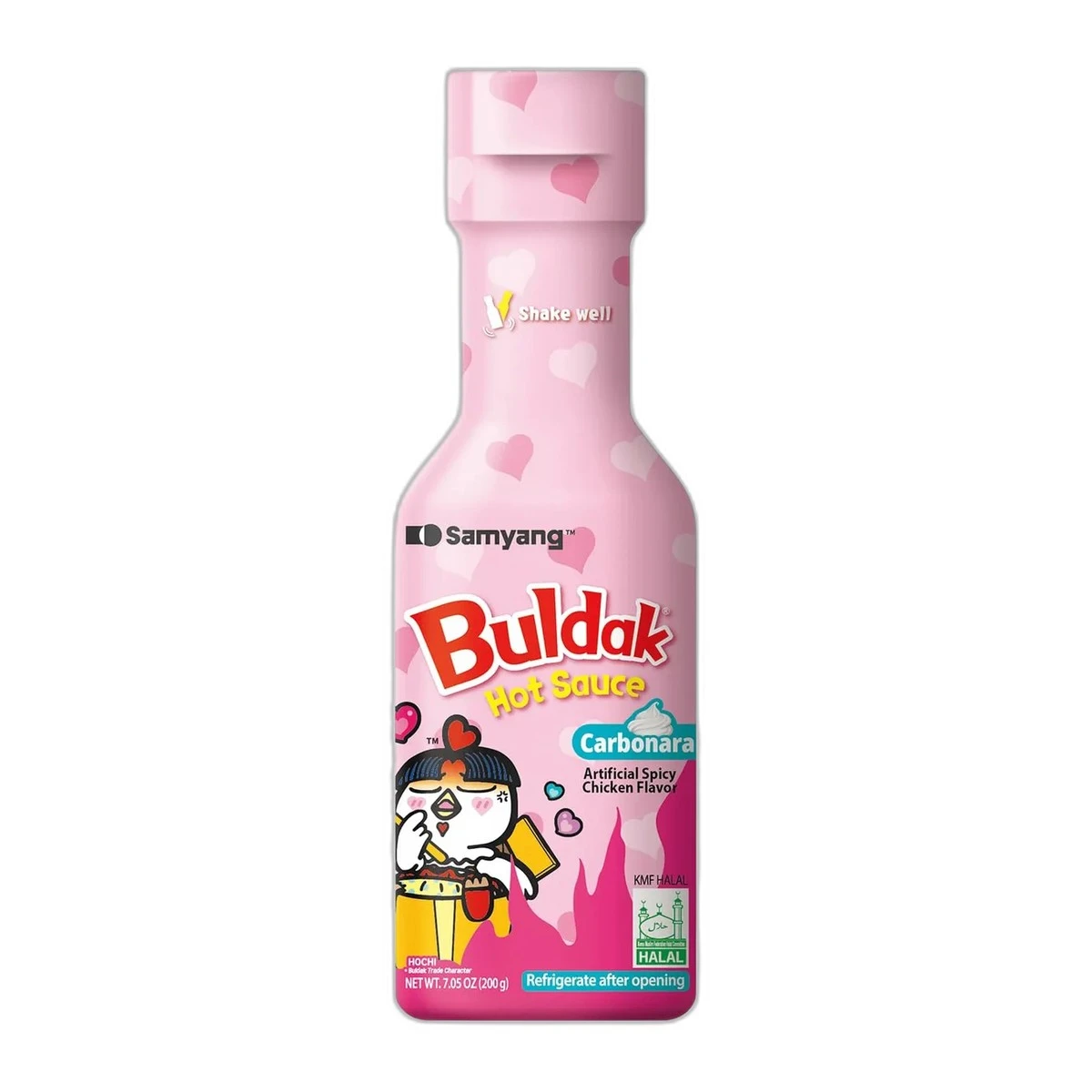 Samyang Buldak Hot Sauce saveur Carbonara (poulet épicé artificiel), bouteille rose
