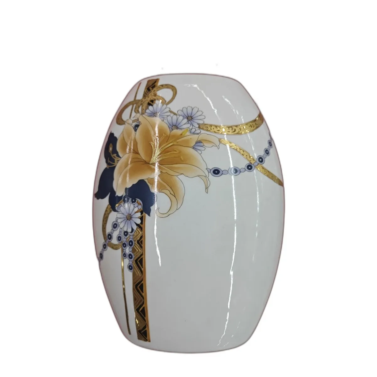 Vase décoratif blanc motif grand lys doré et chaînes bleues