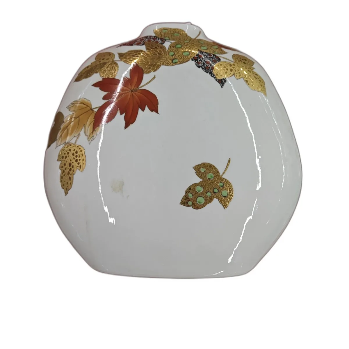 Vase décoratif en céramique blanche motif feuilles d'automne or et rouge