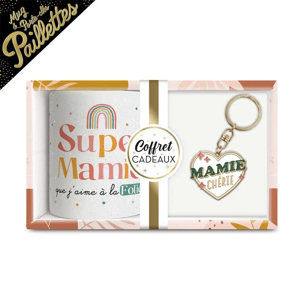 Coffret mug porte cle "mamie cherie" a paillettes