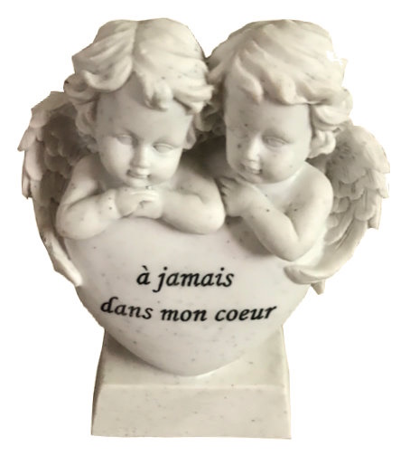 Statuette funéraire double ange sur cœur - À jamais dans mon cœur