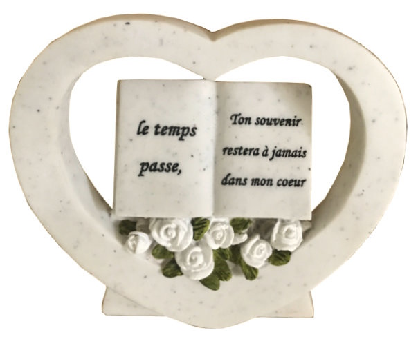 Plaque funéraire cœur avec livre et roses blanches