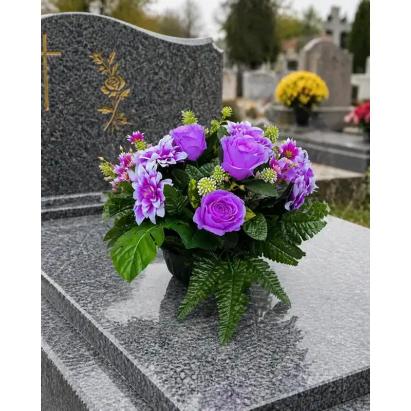 Bouquet de fleurs artificielles violettes avec roses et feuillage décoratif en pot