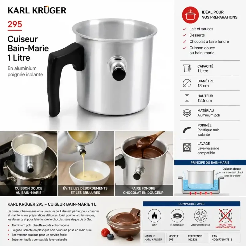 KARL KRÜGER 295 Cuiseur Bain-Marie 1 L en Aluminium – Ø 13 cm