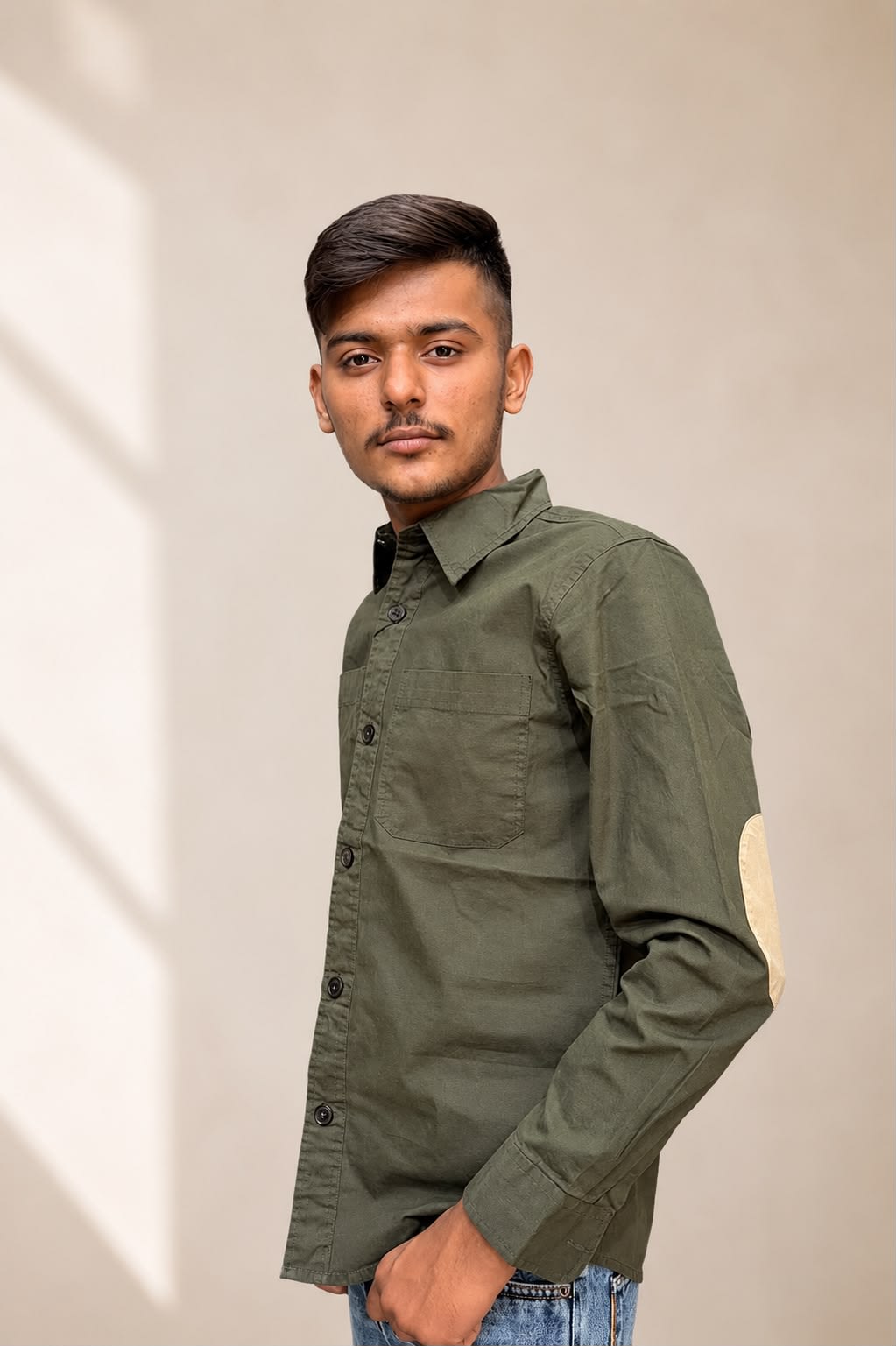 Men's Premium Olive Green Casual Shirt with Elbow Patches 1