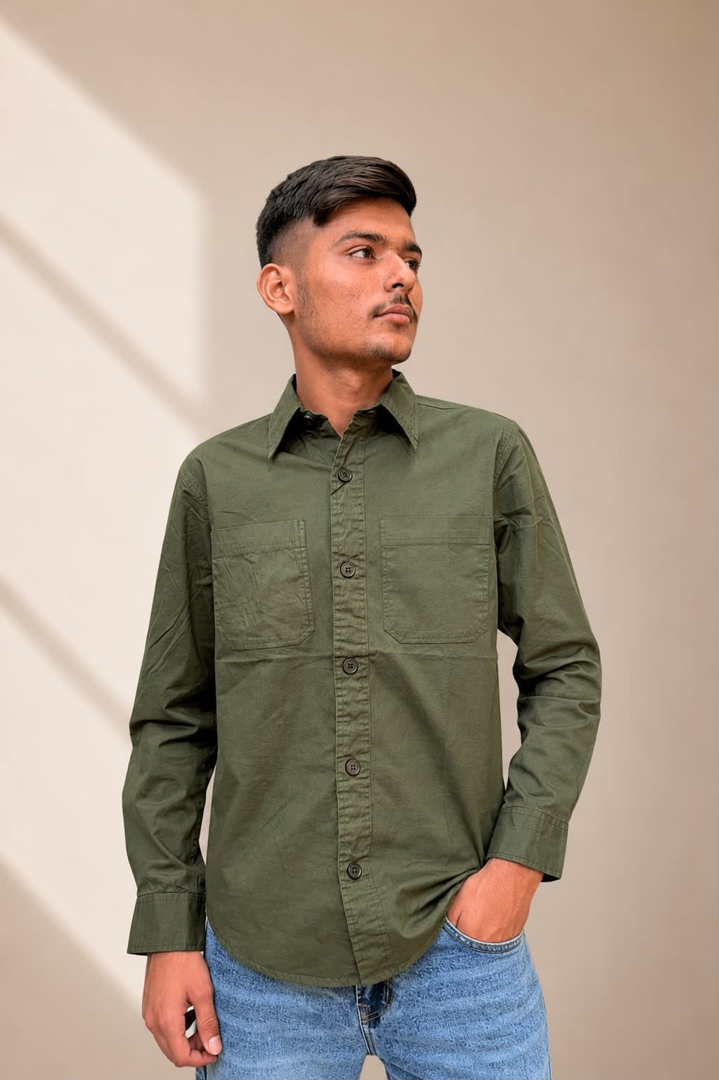 Men's Premium Olive Green Casual Shirt with Elbow Patches 3