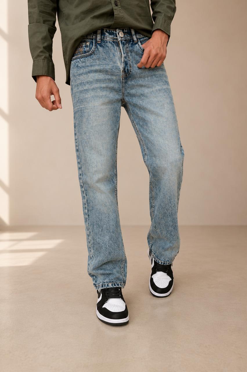 Men's Premium Light Wash Textured Straight Fit Denim Jeans 1