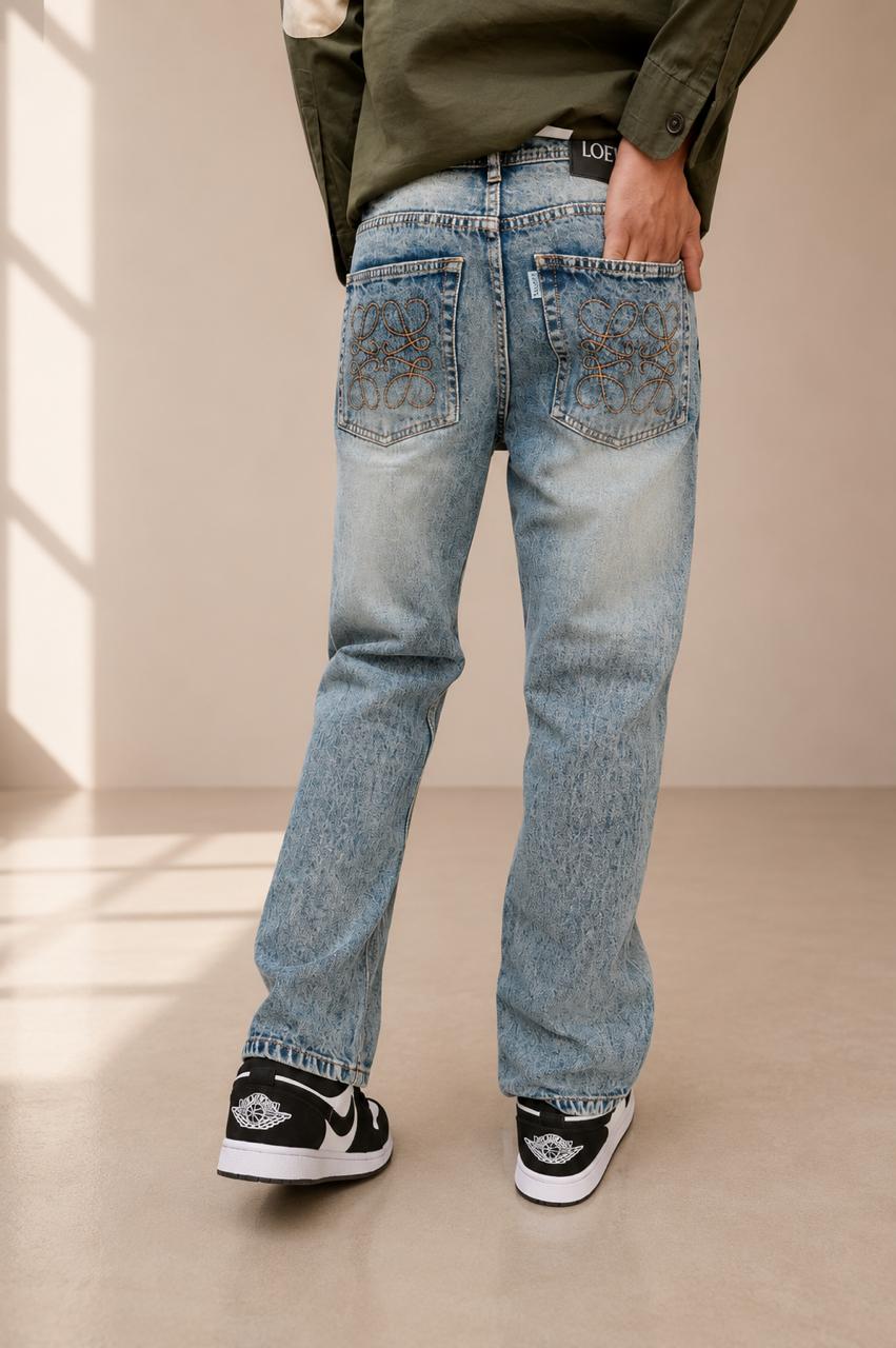 Men's Premium Light Wash Textured Straight Fit Denim Jeans 2