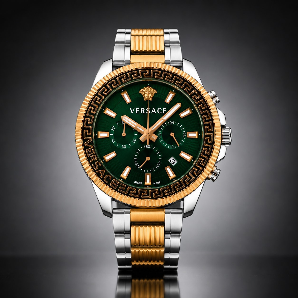 Men's Luxury Green Dial Two-Tone Chronograph Stainless Steel Watch 1