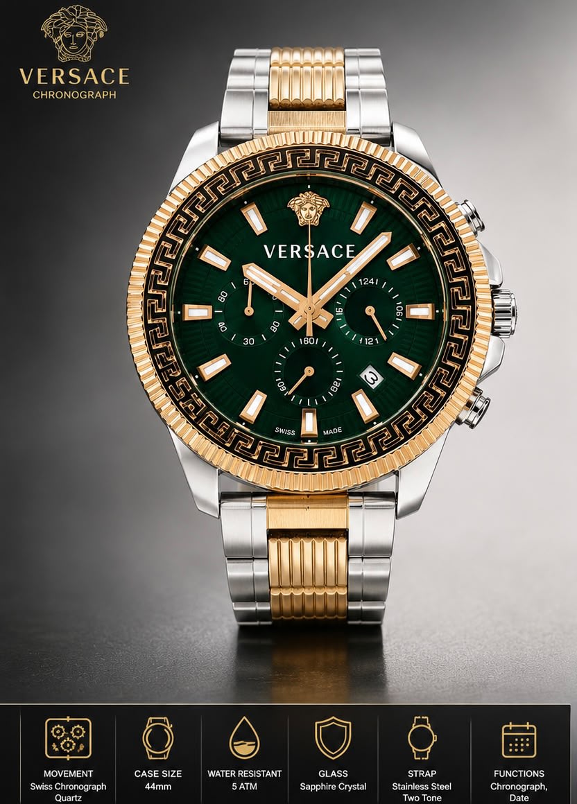 Men's Luxury Green Dial Two-Tone Chronograph Stainless Steel Watch 2