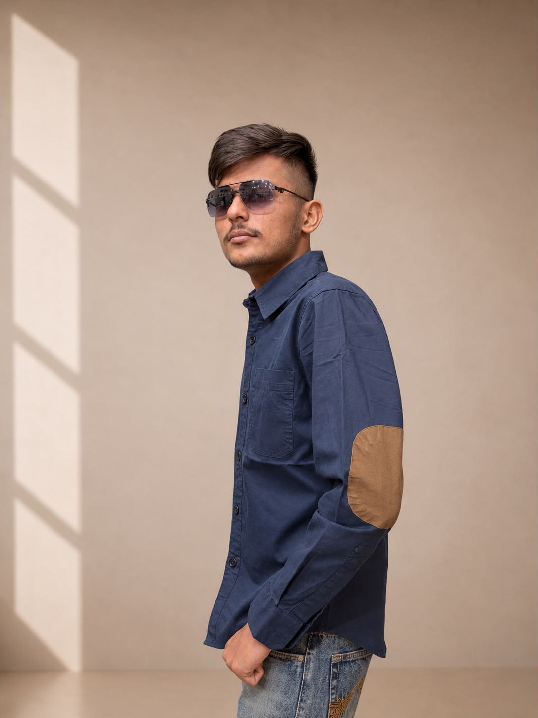 Men's Premium Navy Blue Casual Shirt with Elbow Patches 1