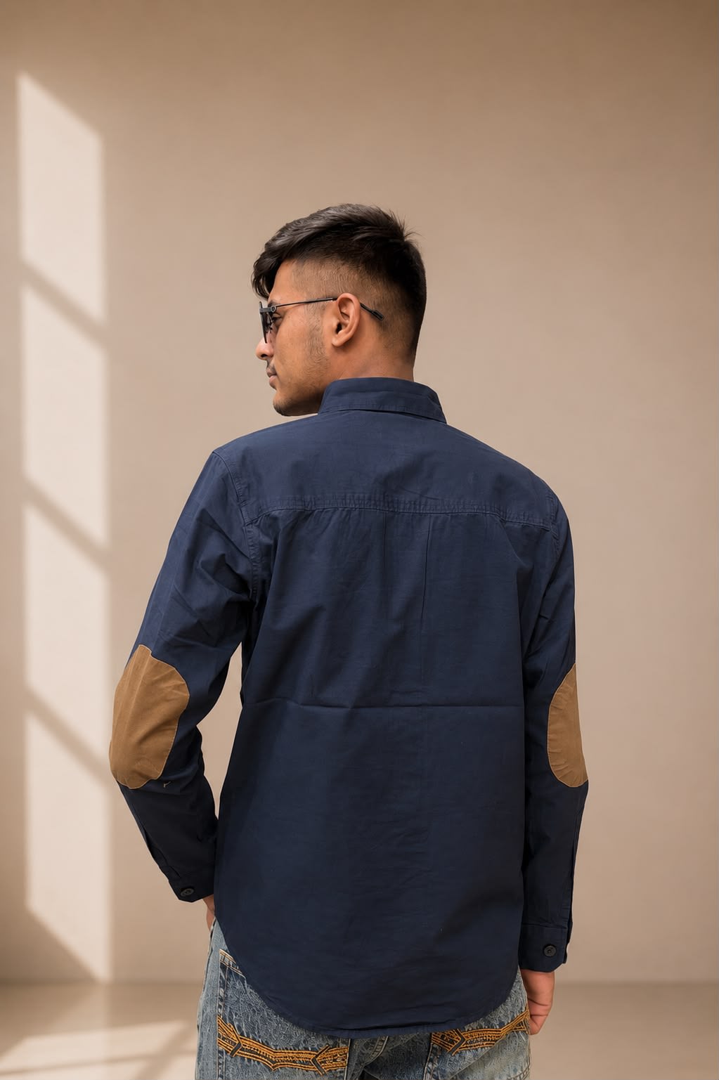 Men's Premium Navy Blue Casual Shirt with Elbow Patches 2