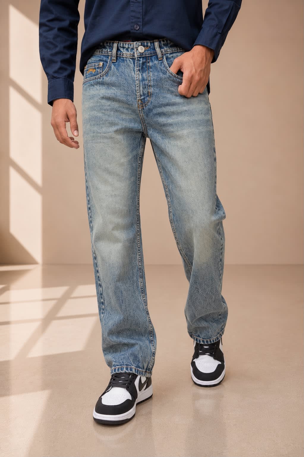 Men's Premium Light Wash Textured Straight Fit Denim Jeans 1