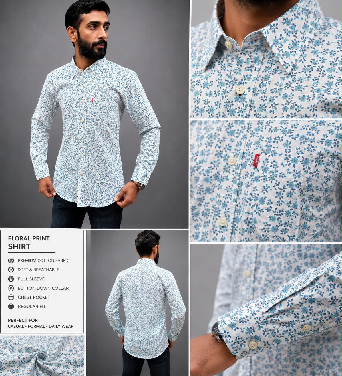 Men's Premium White & Blue Floral Printed Full Sleeve Cotton Shirt 1