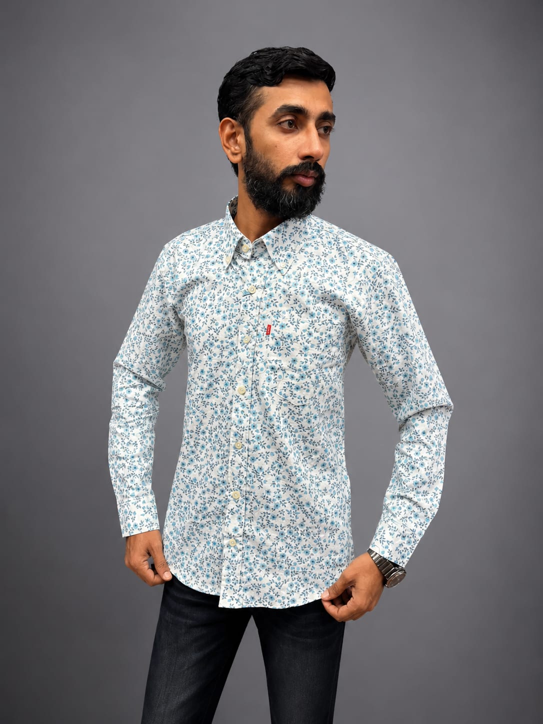 Men's Premium White & Blue Floral Printed Full Sleeve Cotton Shirt 2