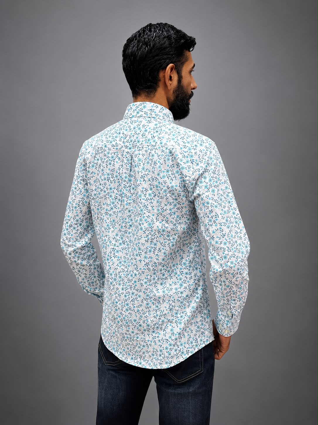 Men's Premium White & Blue Floral Printed Full Sleeve Cotton Shirt 3