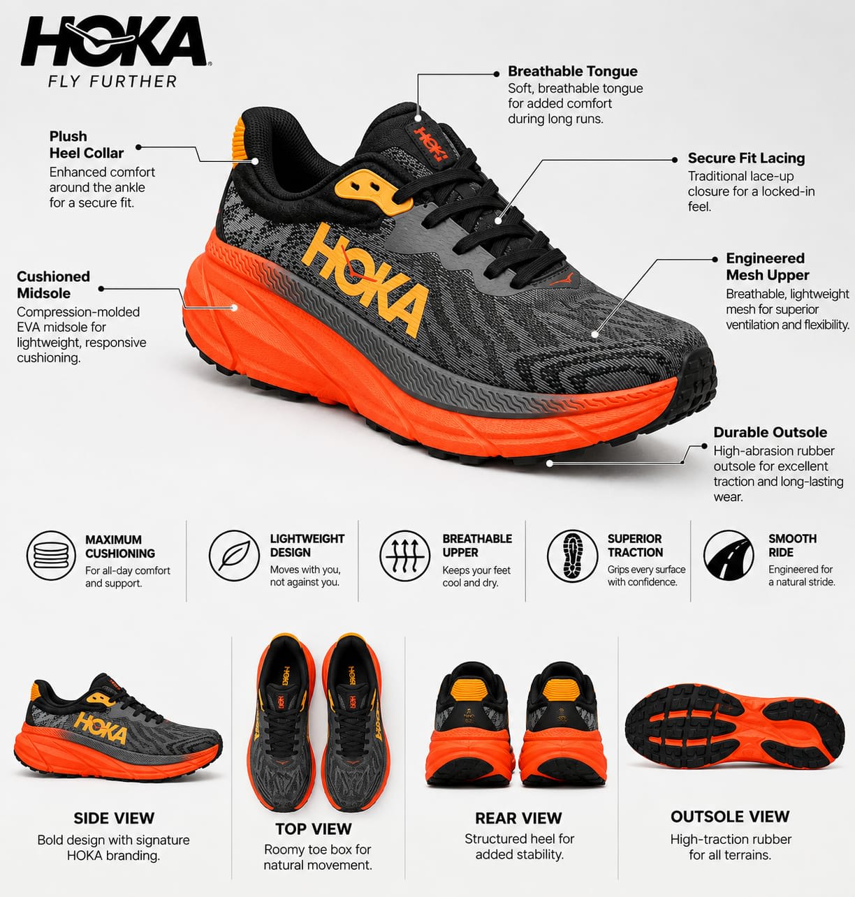 Men's Premium Grey & Orange Ultra-Cushioned Lightweight Running Shoes 3