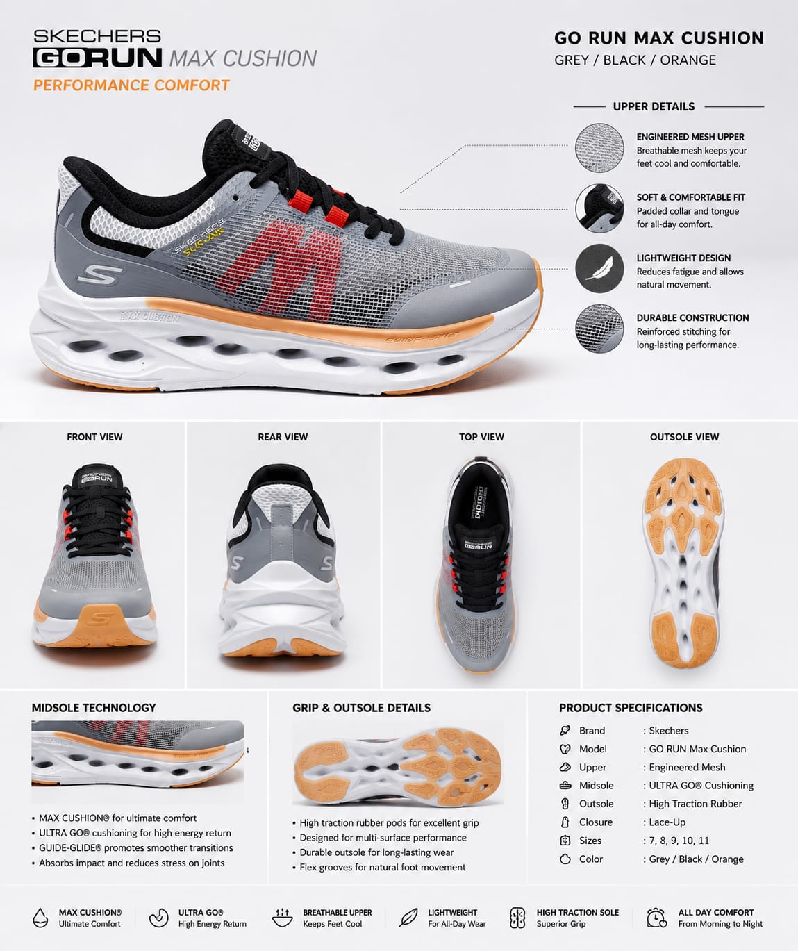 Grey & Orange Max-Cushion Breathable Running Shoes 4