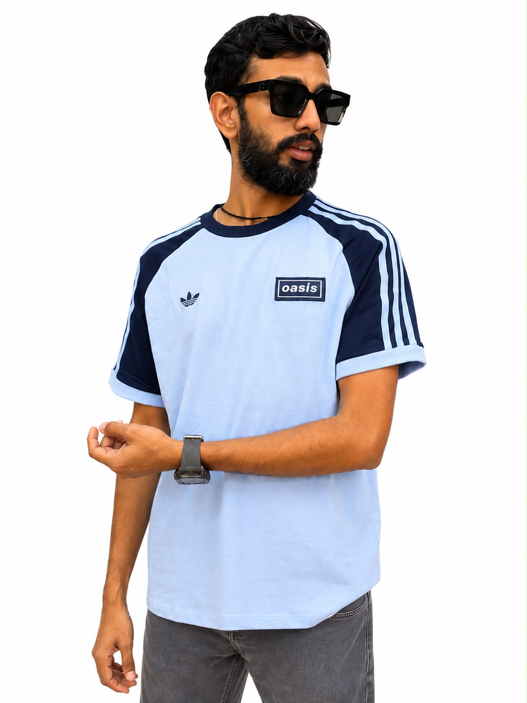 Men's Premium Light Blue & Navy Colorblock Stripe Sleeve Cotton T-Shirt 1
