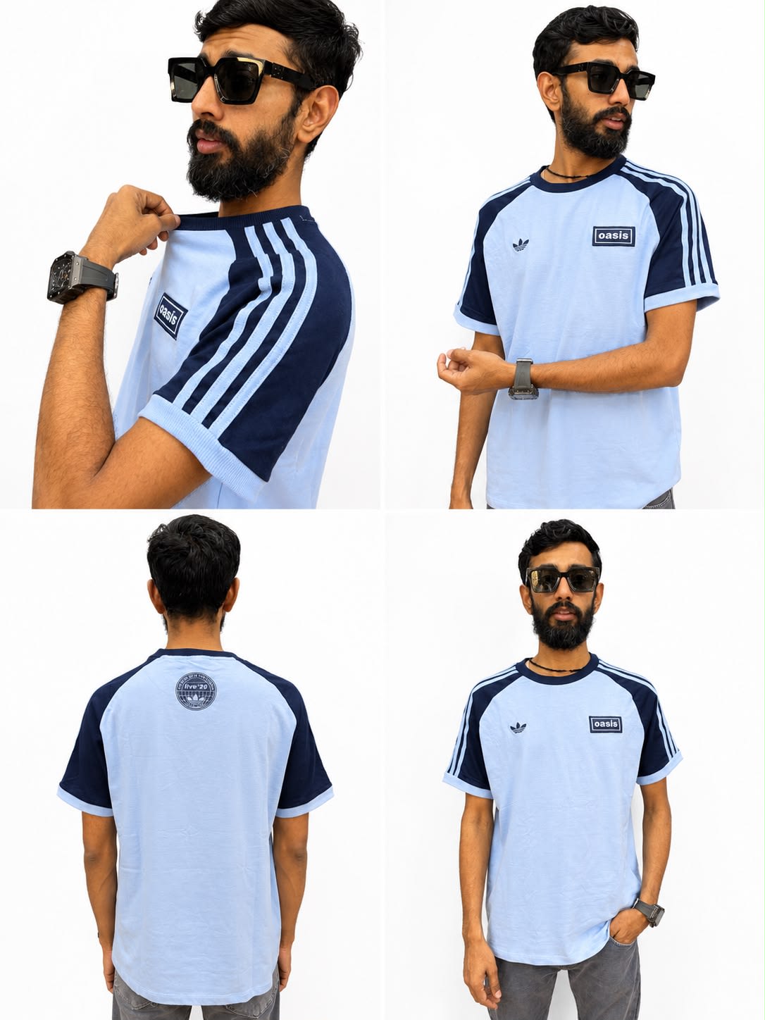 Men's Premium Light Blue & Navy Colorblock Stripe Sleeve Cotton T-Shirt 2
