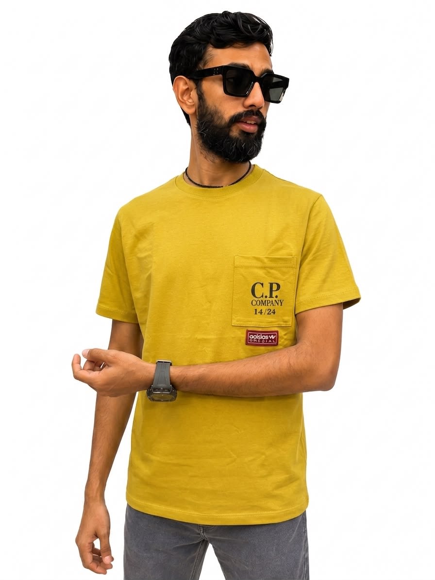 Men's Premium Mustard Yellow Pocket Typography Cotton T-Shirt 1