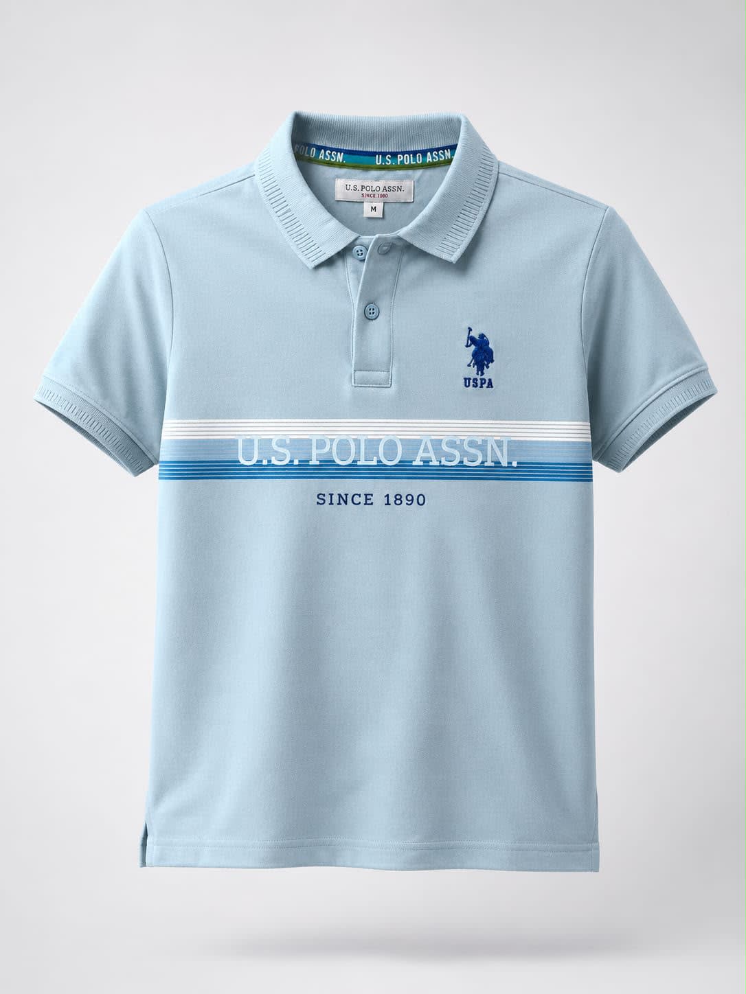 Men's Premium Light Blue Chest Striped Cotton Polo T-Shirt 1