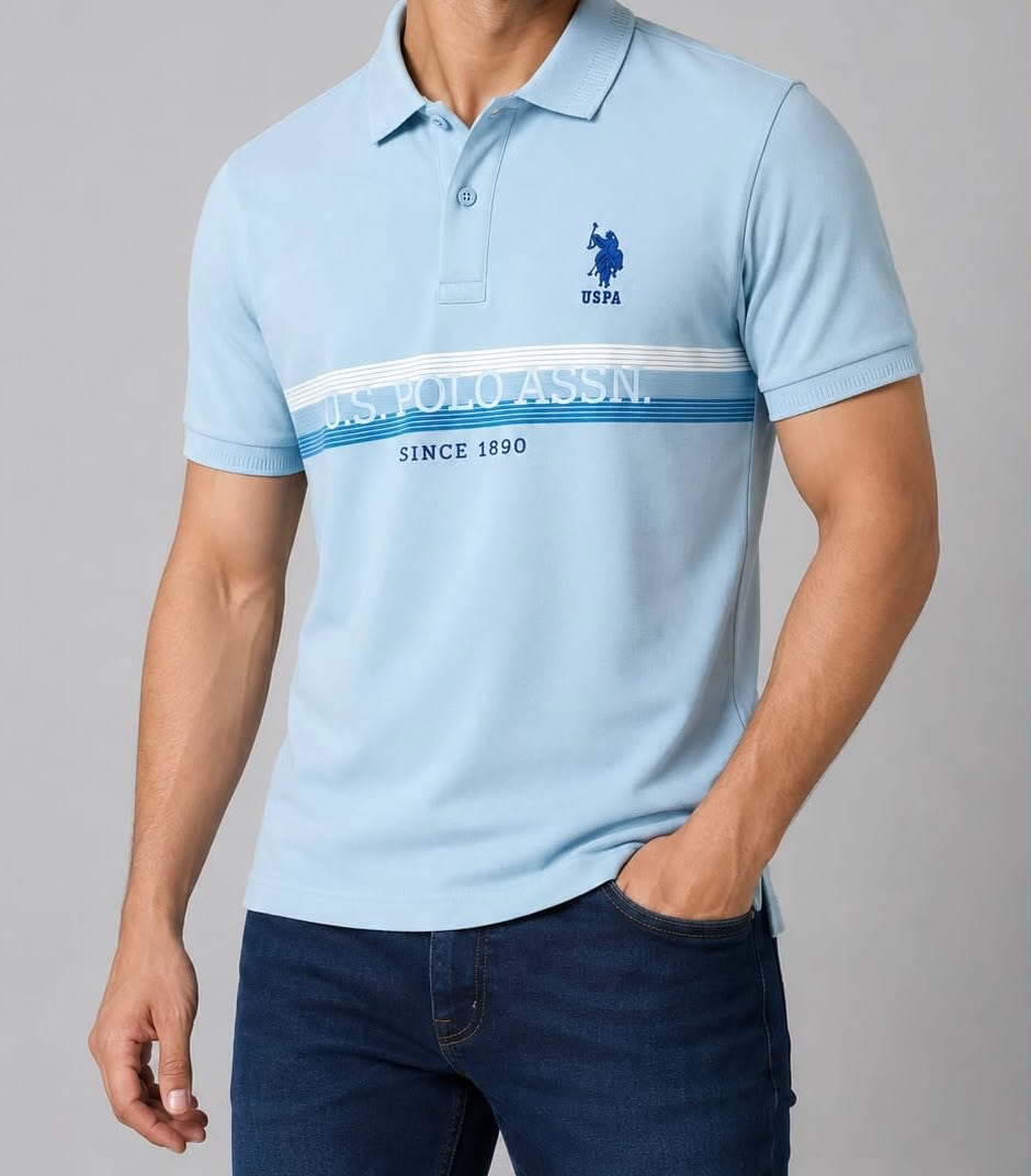 Men's Premium Light Blue Chest Striped Cotton Polo T-Shirt 2