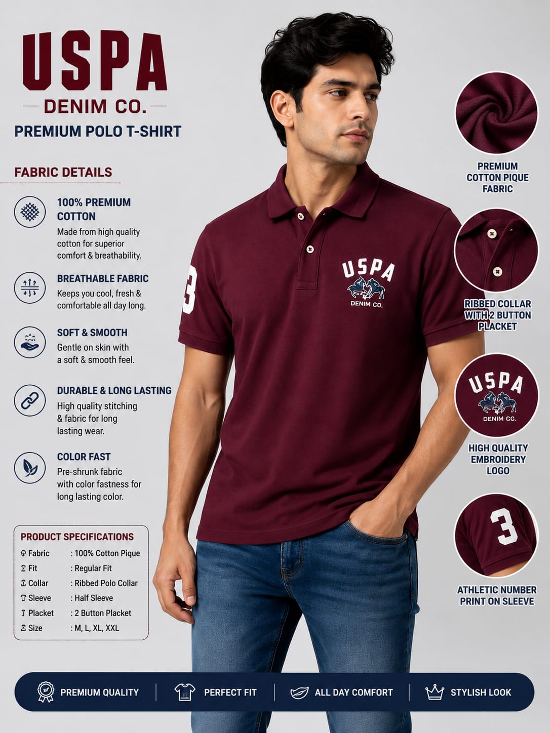 Men's Premium Maroon Chest Graphic Cotton Polo T-Shirt 4